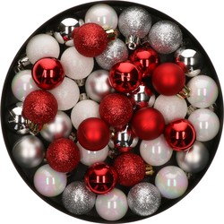 42x Stuks kunststof kerstballen mix wit/zilver/rood 3 cm - Kerstbal