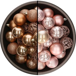 74x stuks kunststof kerstballen mix van camel bruin en lichtroze 6 cm - Kerstbal