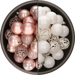 74x stuks kunststof kerstballen mix van lichtroze en wit 6 cm - Kerstbal