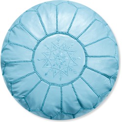 Leren Poef - Baby Blue - Handgemaakt en stijlvol - Gevuld geleverd - Poufs&Pillows