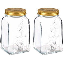 Pasabahce Voorraadpot/bewaarpot Square - 2x - glas - 1,5L - transparant/goud - D10 x H19 cm - voedsel bewaren - Voorraadpot