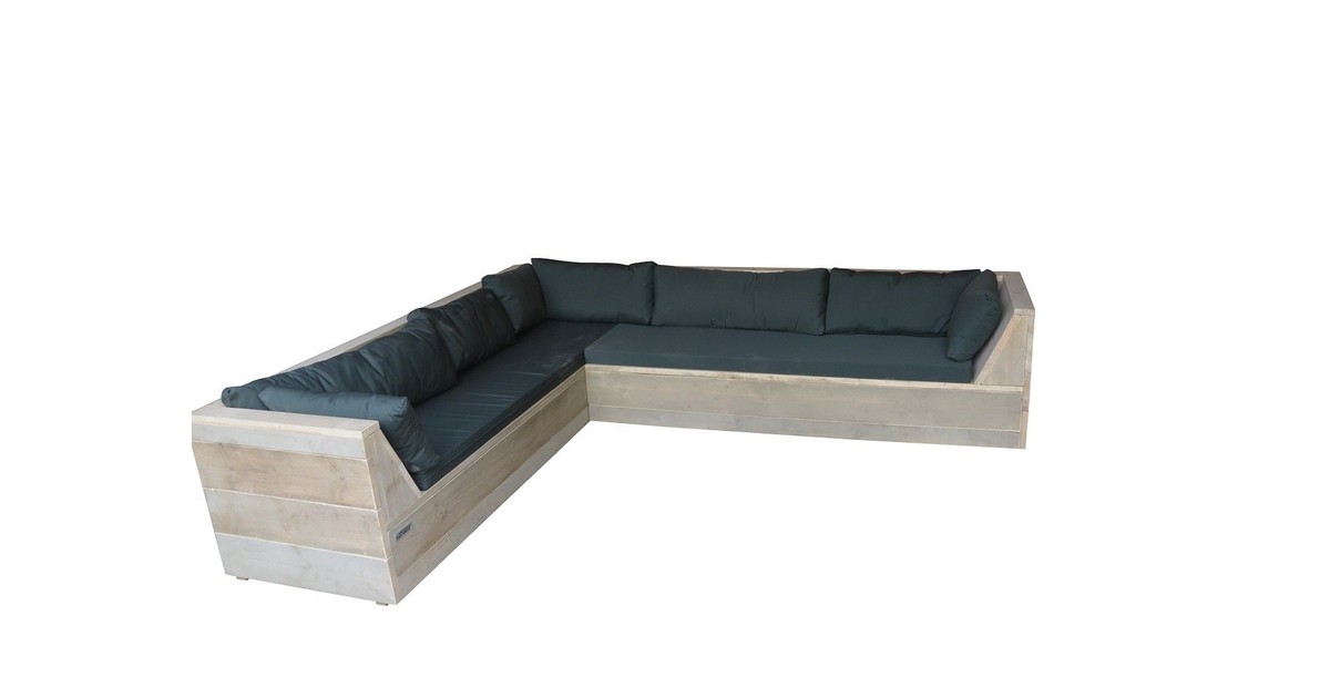 Wood4you - Loungeset 6 steigerhout 250x200 cm - L-vorm - incl. plofkussens