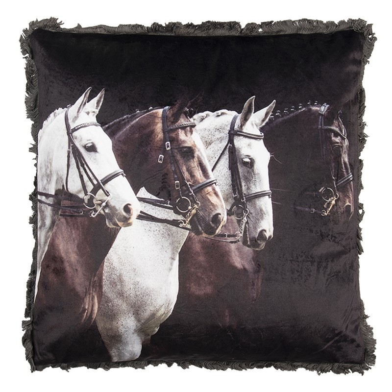 Clayre & Eef Sierkussen  45x45 cm Zwart Wit Synthetisch Vierkant Paard Kussenhoes met Kussenvulling - 