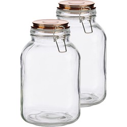 Set van 2x stuks glazen luxe keuken voorraadpotten/voorraadbussen met klepdeksel koper 3000 ml - Voorraadpot