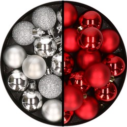 36x stuks kunststof kerstballen zilver en rood 3 en 4 cm - Kerstbal