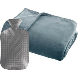 Fleece deken/plaid Blauwgrijs 125 x 150 cm en een warmwater kruik 2 liter - Plaids