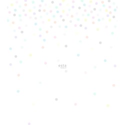 ESTAhome fotobehang vrolijke confetti stippen grijs, geel, paars, zacht roze, mintgroen, blauw en oranje - 250 x 279 cm - 158858