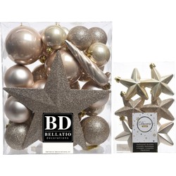 Kerstversiering kunststof kerstballen met piek parel/champagne 5-6-8 cm pakket van 39x stuks - Kerstbal