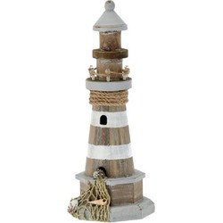 Houten/witte vuurtoren beeldje met LED lampjes 29 cm maritieme decoratie - Beeldjes