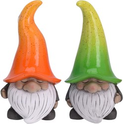 Tuinkabouters - 2x - polystone - 23 cm - gnooms - oranje/groen - Tuinbeelden