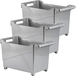 Set van 3x stuks kunststof trolleys zilver op wieltjes L45 x B24 x H27 cm - Opberg trolley