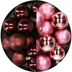 Kunststof kerstballen 6 cm - 24x stuks - bruin en roze - Kerstbal