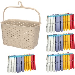 Wasknijpers ophangmandje met haak - beige - en 96x gekleurde wasknijpers van 7,5 cm - knijperszakken