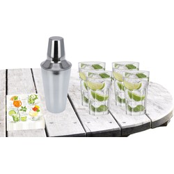 Cocktailshaker met 4x Cocktailglazen Mojito transparant 410 ml - Cocktailglazen