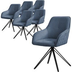 Draaibare eetkamerstoel set van 6 blauw textiel geweven stoffen keukenstoel met rugleuning en armleuningen ML design