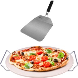 Pizzasteen BBQ/oven rond keramiek 33 cm met handvaten en inklapbare RVS pizzaschep 25 cm - Pizzaplaten