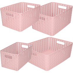 Set van 4x stuks opbergboxen/opbergmandjes rotan oud roze kunststof - Opbergbox