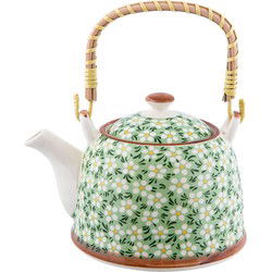 Clayre & Eef Theepot met Filter  700 ml Groen Keramiek Rond Bloemen Theekan