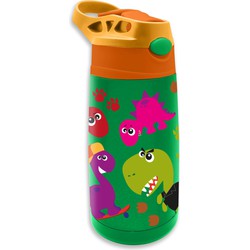 Crazy Dino drinkfles/drinkbeker/bidon met drinktuitje - groen - RVS - 400 ml - Schoolbekers