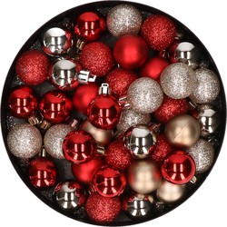 Kleine kunststof kerstversiering 40x stuks set en 3 cm kerstballen in het champagne en rood - Kerstbal