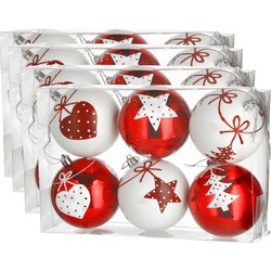 24x stuks gedecoreerde kerstballen rood en wit kunststof 6 cm - Kerstbal