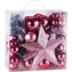 Kerstboomballen kunststof kleur Roze set van 77 stuks