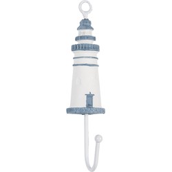 Clayre & Eef Wandhaak Vuurtoren 4x4x18 cm Wit Blauw Hout Metaal