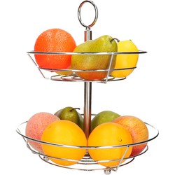 Kinvara Fruitschaal/fruitmand 2-laags - metaal - D26 x H30 cm - zilver - rond - Fruitschalen