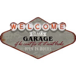 Clayre & Eef Wanddecoratie  49x27 cm Grijs Rood Ijzer Welcome Dad's Garage Muurdecoratie