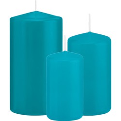 Stompkaarsen set van 3x stuks turquoise blauw 10-12-15 cm - Stompkaarsen