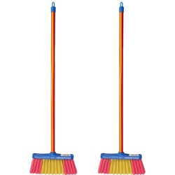 2x Stuks kunststof kamer kinderbezem geel/roze met steel 61 cm - Bezem