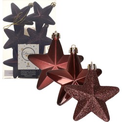6x stuks kunststof sterren kersthangers mahonie bruin 7 cm - Kersthangers