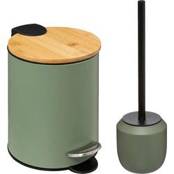 5Five Badkamerset - pedaalemmer en toiletborstel - kaki groen - 3L - badkamer accessoires - Toiletborstels