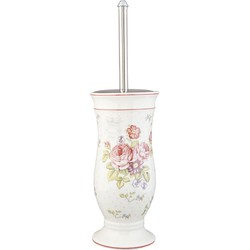 Clayre & Eef WC Borstel met Houder  Ø 12x26 cm Wit Roze Keramiek Rond Bloemen Toiletborstelhouder