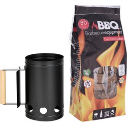 BBQ/Barbecue briketten starter met houten handvat zwart 27 cm met 80x BBQ aanmaakblokjes - Barbecuegereedschapset