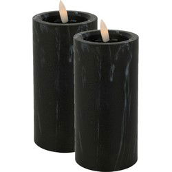 Excellent Houseware LED stompkaars - 2x -marmer zwart -D7,5 x H15 cm - LED kaarsen