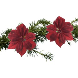 2x stuks kerstboom decoratie bloemen rood glitter op clip 24 cm - Kersthangers