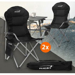 2x campingstoel opvouwbaar tot 150 kg zwart met bekerhouder incl. draagtas Hauki