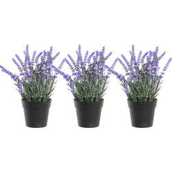 Items Lavendel bloemen kunstplant in bloempot - 3x - paarse bloemen - 15 x 27 cm - bloemstukje - Kunstplanten
