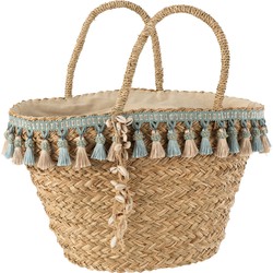 J-line - Strandtas Kwastjes Blauw/beige Riet Naturel - 48x23x50cm