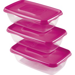 Hega Hogar Vershoudbakjes - set 3x stuks - 0.9 liter - transparant/roze - L20 x B12 x H8 cm - Vershoudbakjes