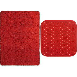 MSV Douche anti-slip mat en droogloop mat - Venice badkamer set - rubber/microvezel - rood - Badmatjes