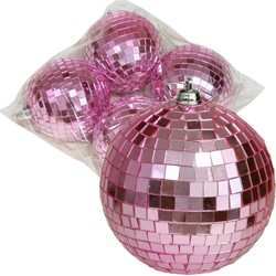 Othmar Decorations disco kerstballen - 4x - roze - 8 cm - kunststof - Kerstbal
