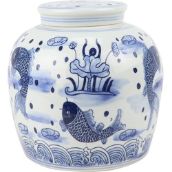 Fine Asianliving Chinese Gemberpot Porselein Blauw Wit Koi Vissen