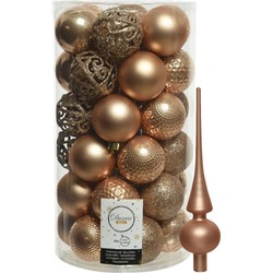 37x stuks kunststof kerstballen 6 cm incl. glazen piek toffee bruin - Kerstbal