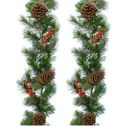 Set van 2x stuks kerst dennenslinger guirlandes groen met sneeuw en decoratie 270 cm - Guirlandes