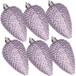 Kerstornamenten kunststof dennenappels 6x stuks lila paars glitter 8 cm - Kersthangers