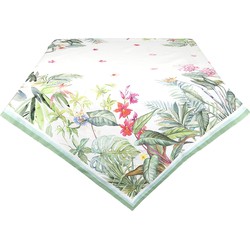 Clayre & Eef Tafelkleed  150x150 cm Wit Groen Katoen Vierkant Jungle Botanics Tafellaken