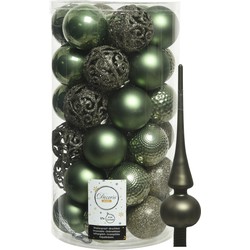 37x stuks kunststof kerstballen 6 cm incl. matte glazen piek mosgroen - Kerstbal