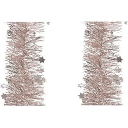 2x stuks kerst lametta guirlandes lichtroze sterren/glinsterend 10 cm breed x 270 cm - Kerstslingers